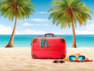 Travel time banner for vacation, luggage with sunglasses for a far-off place to stay, pillows at a beach with palm trees, isolated on a white background with copy space area design.