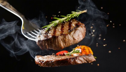 Flying Grilled Steak on Black Background 