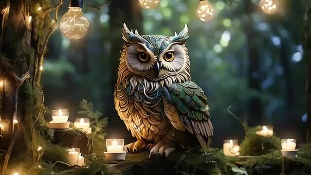 Illustration of a owl sitting in forest slow motion video
