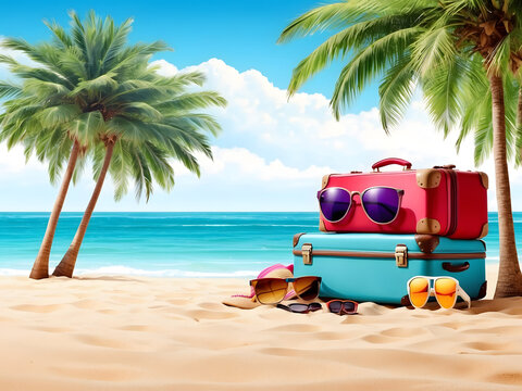 Travel time banner for vacation, luggage with sunglasses for a far-off place to stay, pillows at a beach with palm trees, isolated on a white background with copy space area design.