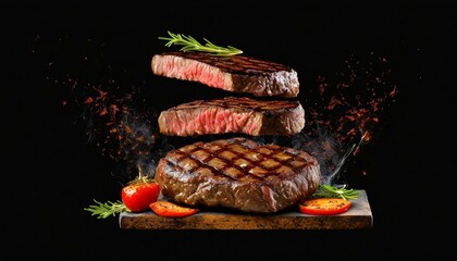 Flying Grilled Steak on Black Background