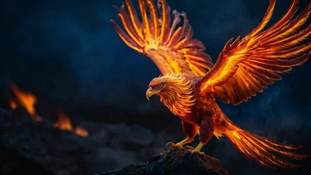 Fire bird phoenix spreading it s burning wings dark night background outdoors motion video