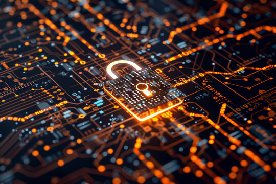 A computer circuit board with a padlock on it