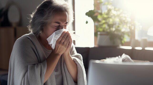 Latin ill adult mature woman sneezing and using napkin for flu on bed at home in Mexico Latin America