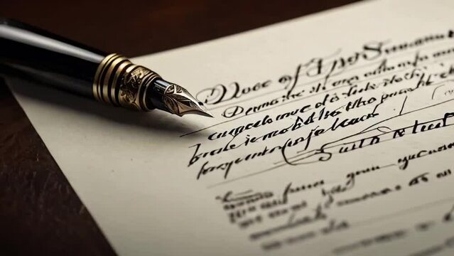Fountain pen and calligraphy ink writing document vintage retro slow motion macro close up video