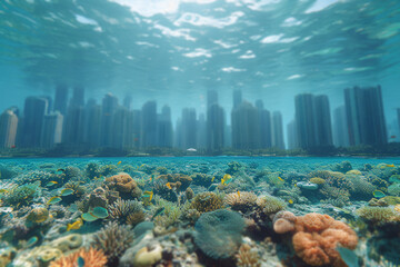 The digital connectivity of a modern city facing the organic connectivity of a vast coral reef,...