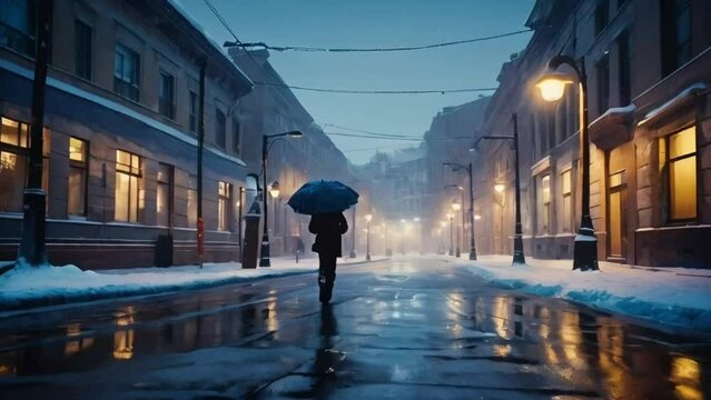 Lonely person with umbrella walking in the empty snowy city on christmas winter urban street slow motion walk video