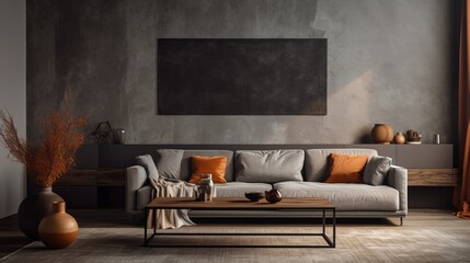 Living room interior with beige modular sofa, black coffee table, rug, pillows, plaid, vase with dried flowers, sculpture, trace, dark wall, lamp and personal accessories. Home decor. Template