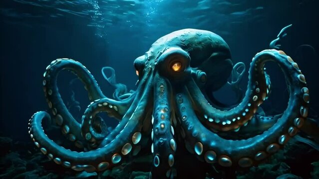 Creepy glowing eyes octopus underwater wild ocean slow motion video cinematic