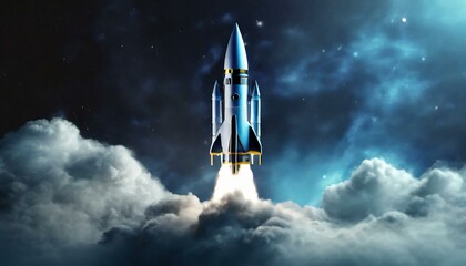 Rocket ship in space around the clouds. Realistic rocket