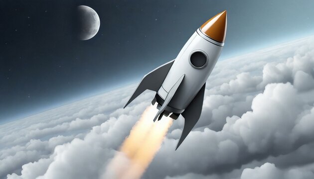 Rocket ship in space around the clouds. Realistic rocket.