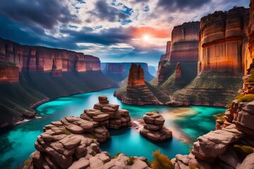 grand canyon at sunset, Enter a realm of wonder and magic as you gaze upon a fantastical planet...