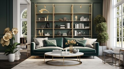Metal, round coffee tables and a beige sofa in a green, luxurious living room interior with marble shelves and golden decorations