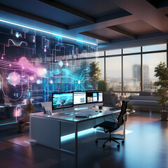 High-tech office space with holographic computer interfaces.