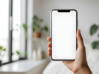 Woman hand holding phone with isolated screen in room house cell phone blank white screen mockup