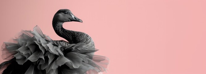 Beautiful majestic portrait of a black swan goose wearing a frill on its neck, banner with copyspace for text