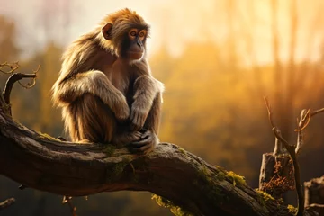 Fotobehang Closeup of a macaque monkey sitting on a tree © Tarun