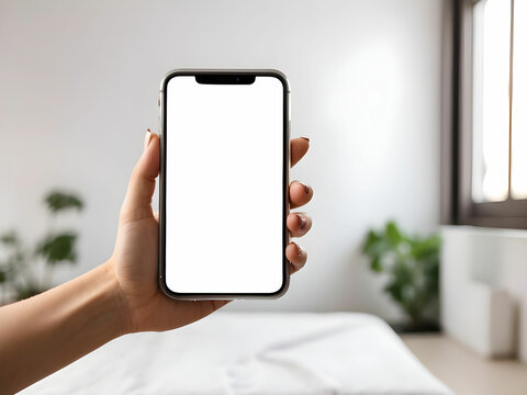 Woman hand holding phone with isolated screen in room house cell phone blank white screen mockup