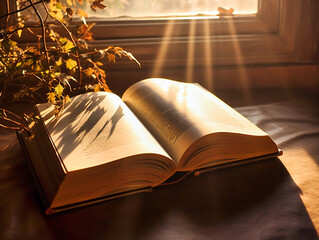 Open Book on a Wooden Table, Inviting into a World of Knowledge and Adventure Amidst Autumn