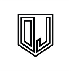 DJ Letter Logo monogram shield geometric line inside shield isolated style design