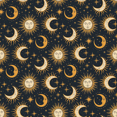 Magic seamless pattern with sun, moons and stars. Gold and black decorative ornament