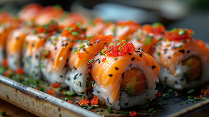 a close up of a tray of sushi on a table - Powered by Adobe