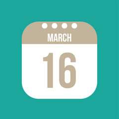 16 March calendar vector icon. White March date for the days of the month and the week on a light background