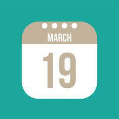 19 March calendar vector icon. White March date for the days of the month and the week on a light background