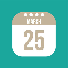 25 March calendar vector icon. White March date for the days of the month and the week on a light background
