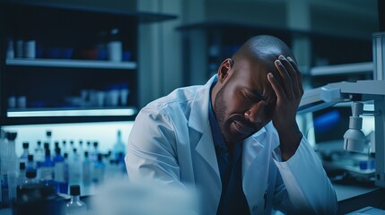 Tired, stress and scientist black man with a fail research in a lab or laboratory frustrated and sad feeling overworked. Exhausted, burnout and tired technician suffering with a headache and fatigue - obrazy, fototapety, plakaty