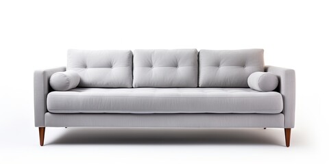 White background studio shot of a contemporary gray sofa.