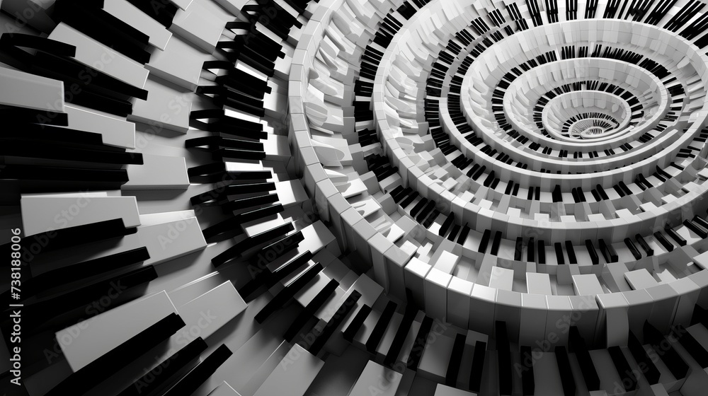 Poster unusual abstract piano keyboard spiral background fractal like endless staircase. black and white pi