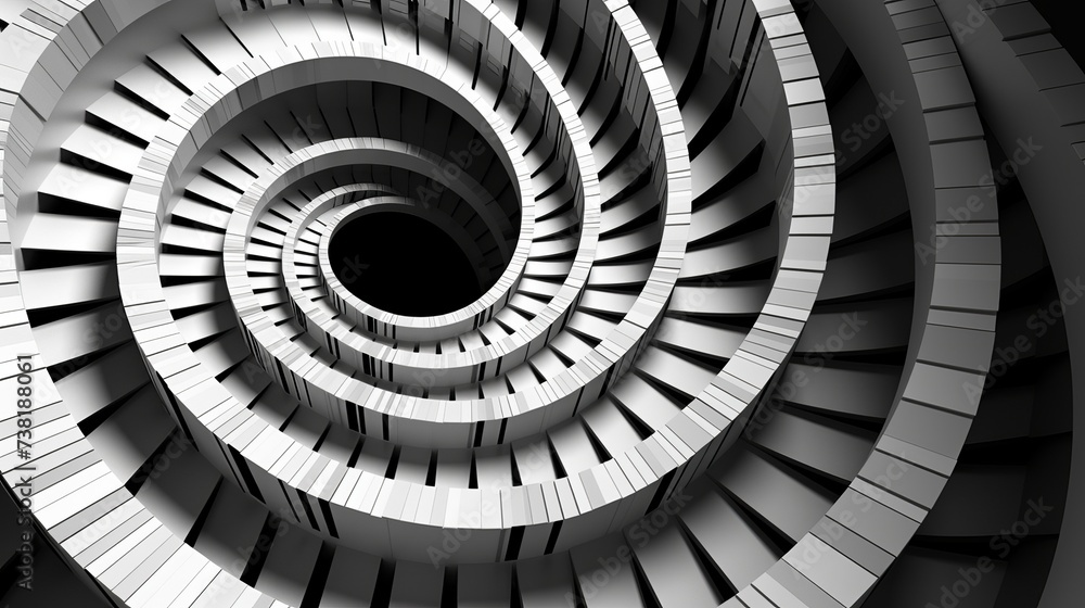 Poster unusual abstract piano keyboard spiral background fractal like endless staircase. black and white pi