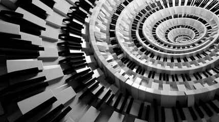 Unusual abstract piano keyboard spiral background fractal like endless staircase. Black and white piano keys  screwed into round spiral repetitive pattern. Music concept distorted circle backdrop