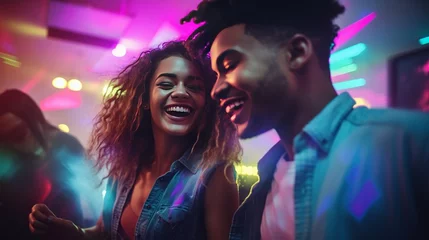 Fotobehang Two happy positive multi-ethnic youth dancing moving rhythmically in good mood at home party, male and female friends having fun energetically moving in room in neon disco light, retro style concept © Elchin Abilov