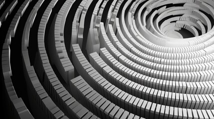 Unusual abstract piano keyboard spiral background fractal like endless staircase. Black and white piano keys  screwed into round spiral repetitive pattern. Music concept distorted circle backdrop