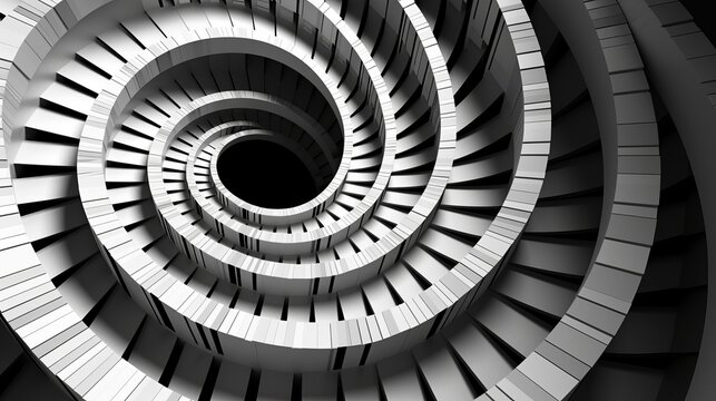 Unusual abstract piano keyboard spiral background fractal like endless staircase. Black and white piano keys  screwed into round spiral repetitive pattern. Music concept distorted circle backdrop