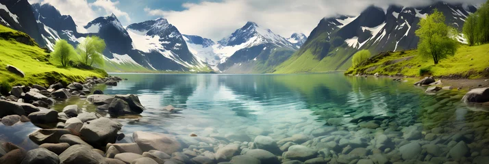Photo sur Plexiglas Europe du nord Mesmerizing Beauty of Fjord Landscape Showcasing the Harmonious Contrast Between Tranquil Waters and Towering Mountains