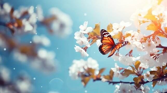 Vintage spring image with butterfly and blossoming fruit tree against blue sky. Springtime nature abstract
