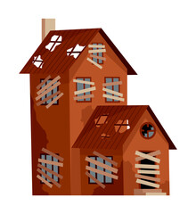 Old weathered house or dwelling. Abandoned home in bad condition. Bad old trouble building with damaged roof, shabby walls and exterior. Isolated neglected property