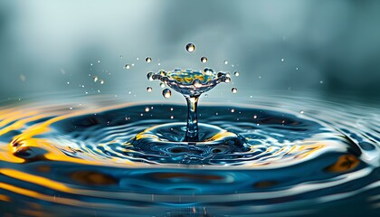 Clear Water drop with circular waves. water drop splash closeup. water ripple as concept for hydration, water preservation and ecology - obrazy, fototapety, plakaty
