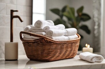 Fototapeta na wymiar Wicker basket filled with white towels, placed on white tiles in a bright bathroom