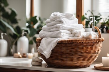 Fototapeta na wymiar Wicker basket filled with white towels, placed on white tiles in a bright bathroom