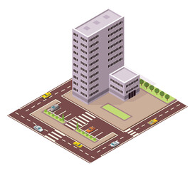 Isometric offices or business center. Town apartment building city map creation with street and cars. Infographic elements. City house composition with roads
