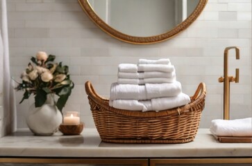 Wicker basket filled with white towels, placed on white tiles in a bright bathroom