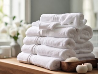 Fototapeta na wymiar White towels neatly folded, adding a spa-like feel to a bathroom