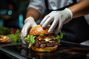 Chef's hands in gloves prepare a delicious hearty hamburger in the kitchen of a cafe or restaurant....
