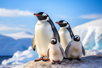 A group of penguins walking on snow in antarctica - obrazy, fototapety, plakaty