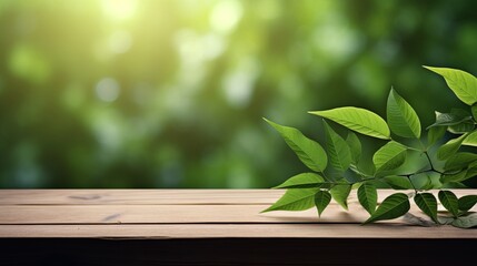 Wooden table top with spring green leafs as frame and free space for text