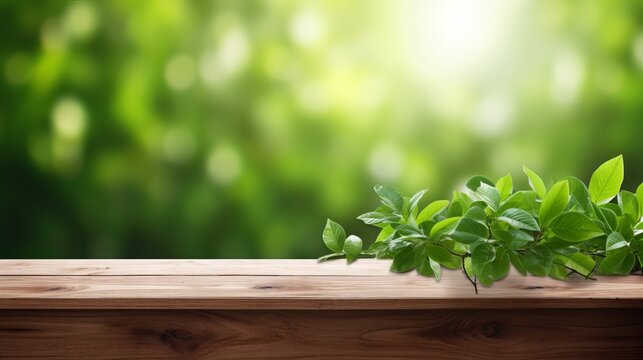 Wooden table top with spring green leafs as frame and free space for text